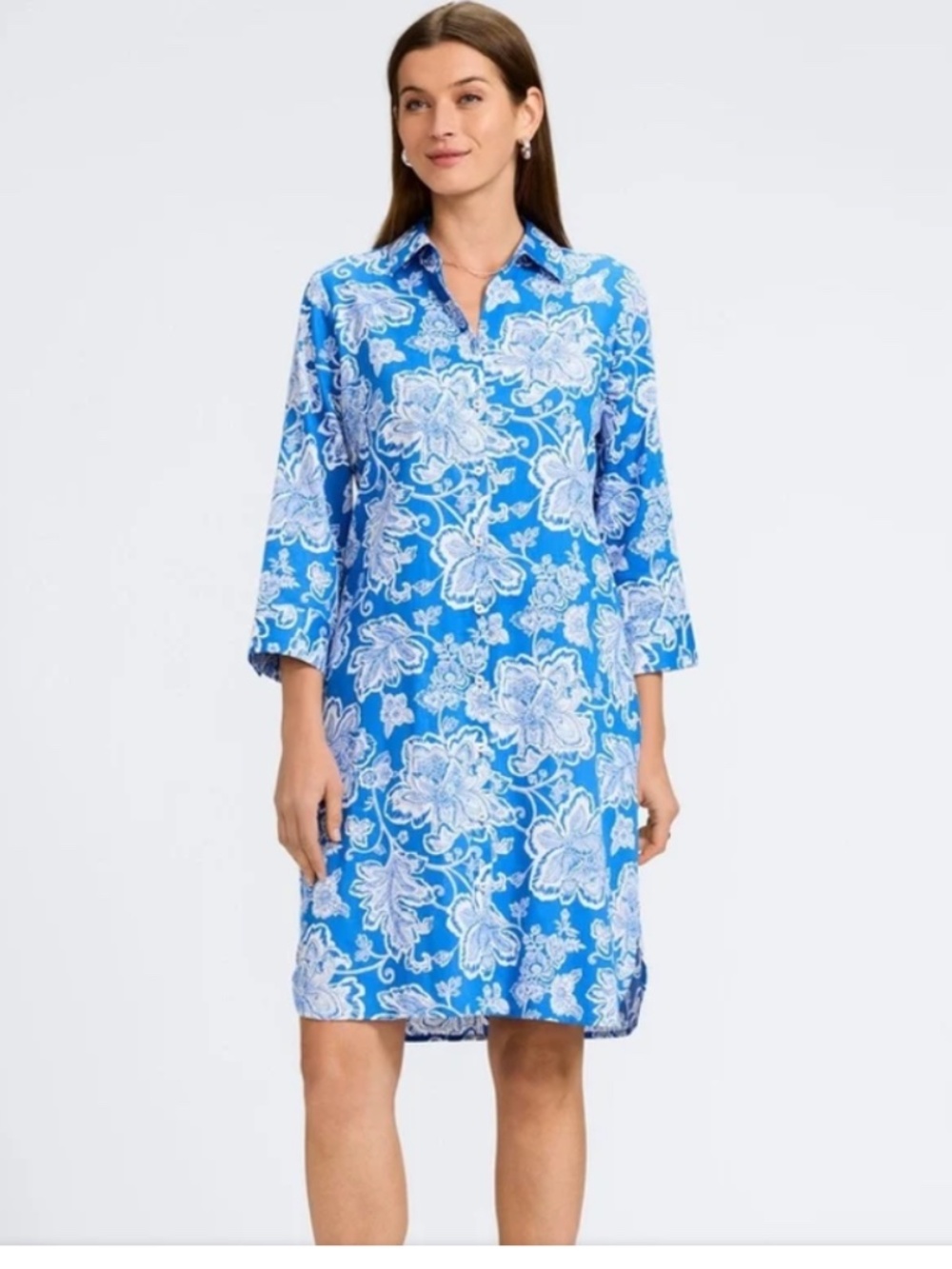 Foxcroft Rocca Woodblock Floral 3/4 Sleeve Dress in Cobalt Blue & White